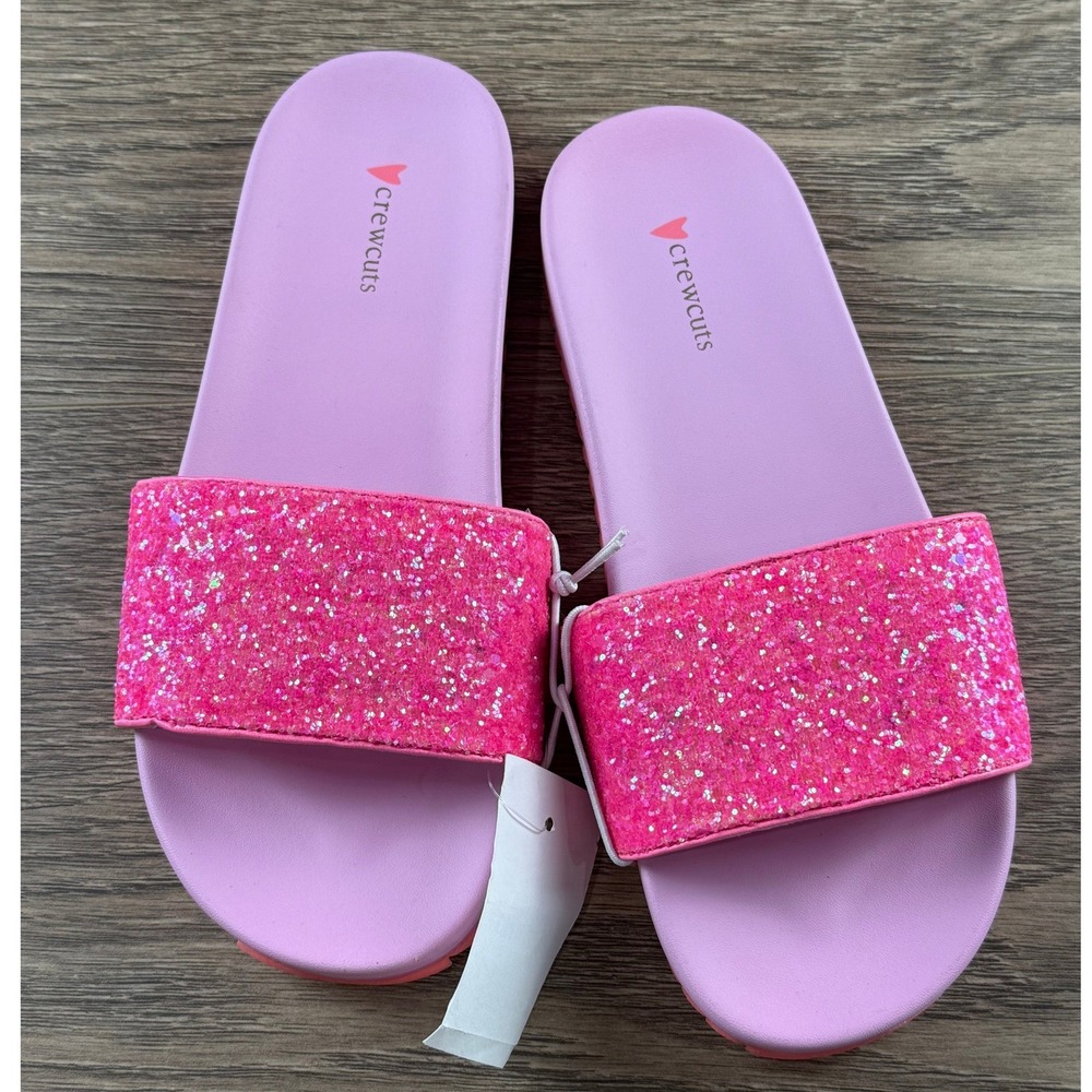 J. Crew Crewcuts Girls Glitter Pull Slides Pink Size 5 Kids Slip On Sandal NEW